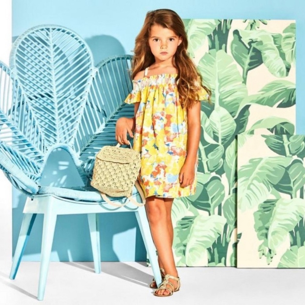 Janie and Jack x Aerin Yellow Floral Dress Off Shoulder Linen Cotton Smocked
